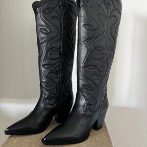 Brand New Arezzo Black Leather Western Block-Heel Boots